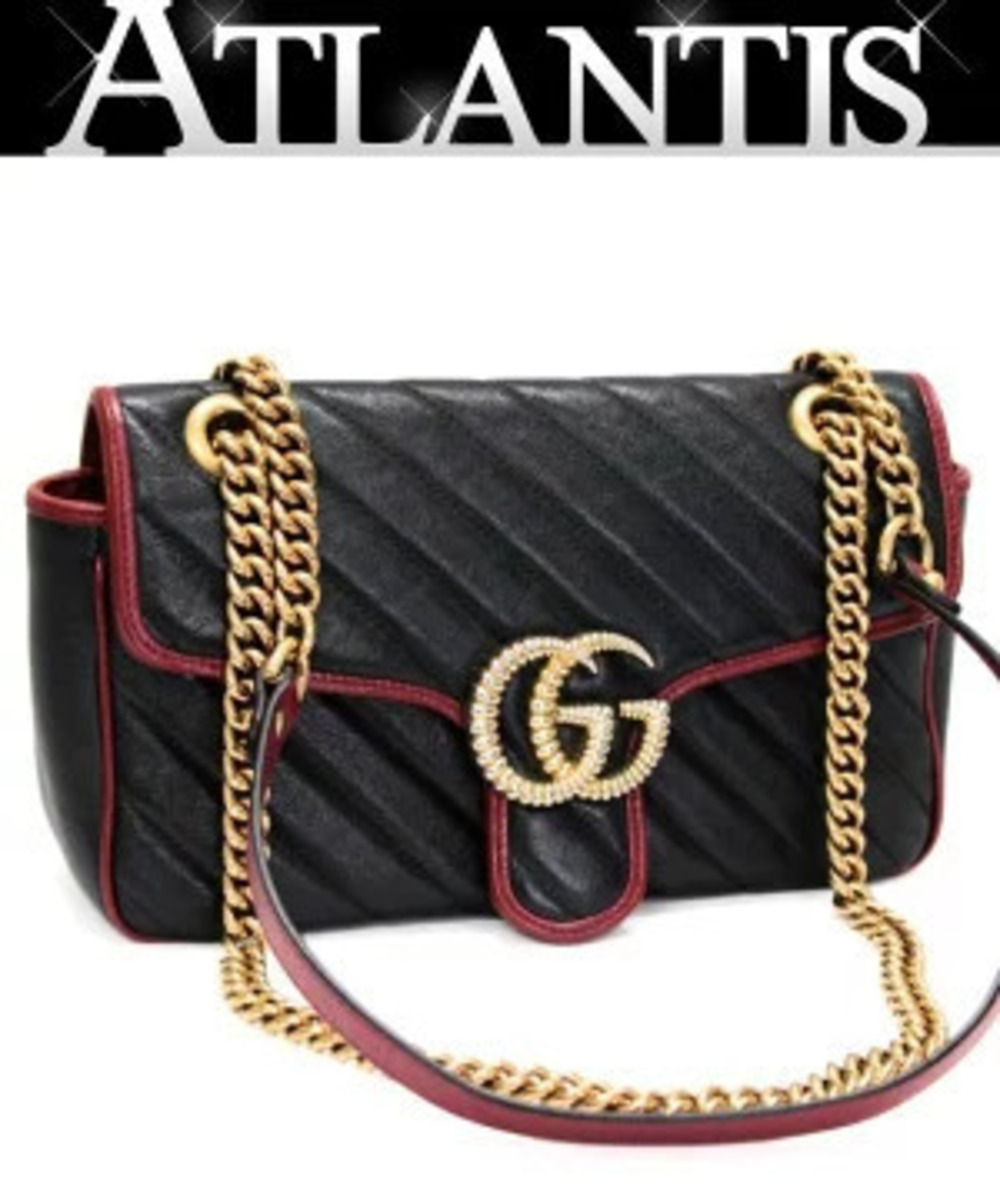 Gucci GG Marmont Chain Shoulder Bag Leather Black x Red